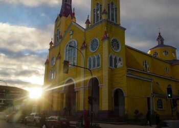 Wooden church at sunset, Chiloé Island, Chile