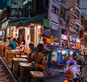 Split screen image. On left, Hanoi's train street; On the right, bustling road in Ho Chi Minh City