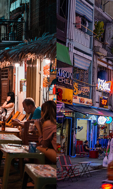 Split screen image. On left, Hanoi's train street; On the right, bustling road in Ho Chi Minh City