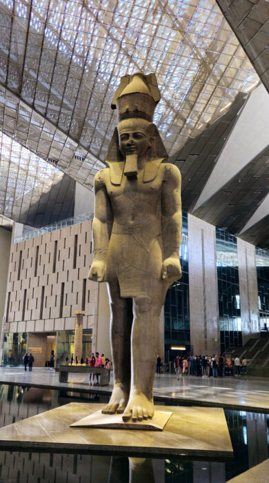 Ramses II statue seen in the atrium of the Grand Egyptian Museum